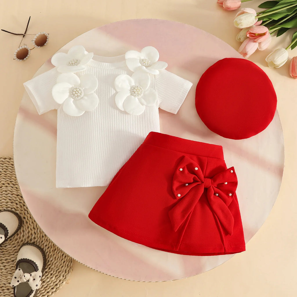 Baby Girls Clothes New Year Set 0-3Y Long Sleeve Big Bow Top Irregular Skirt and Beret 3Pcs Toddler Christmas Clothes - Sun Studio