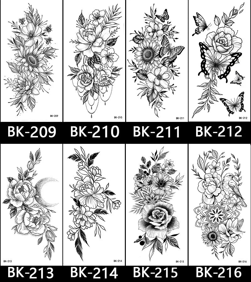 Black White Temporary Transfer Tattoos Floral Butterfly Lettering Line Art Waterproof Body Stickers for Music Festival Party - Sun Studio