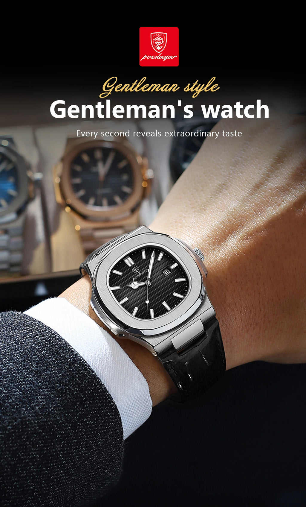POEDAGAR Original Fashion Men's Wristwatch Date Waterproof Luminous Leather Watches For Men High Quality Square Quartz Man Watch - Sun Studio