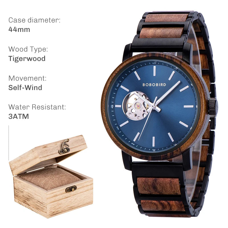 BOBO BIRD New Mechanical Watches for Men Luxury Wood and Stainless Steel Skeleton Customized Automatic Watch relojes mecánicos - Sun Studio