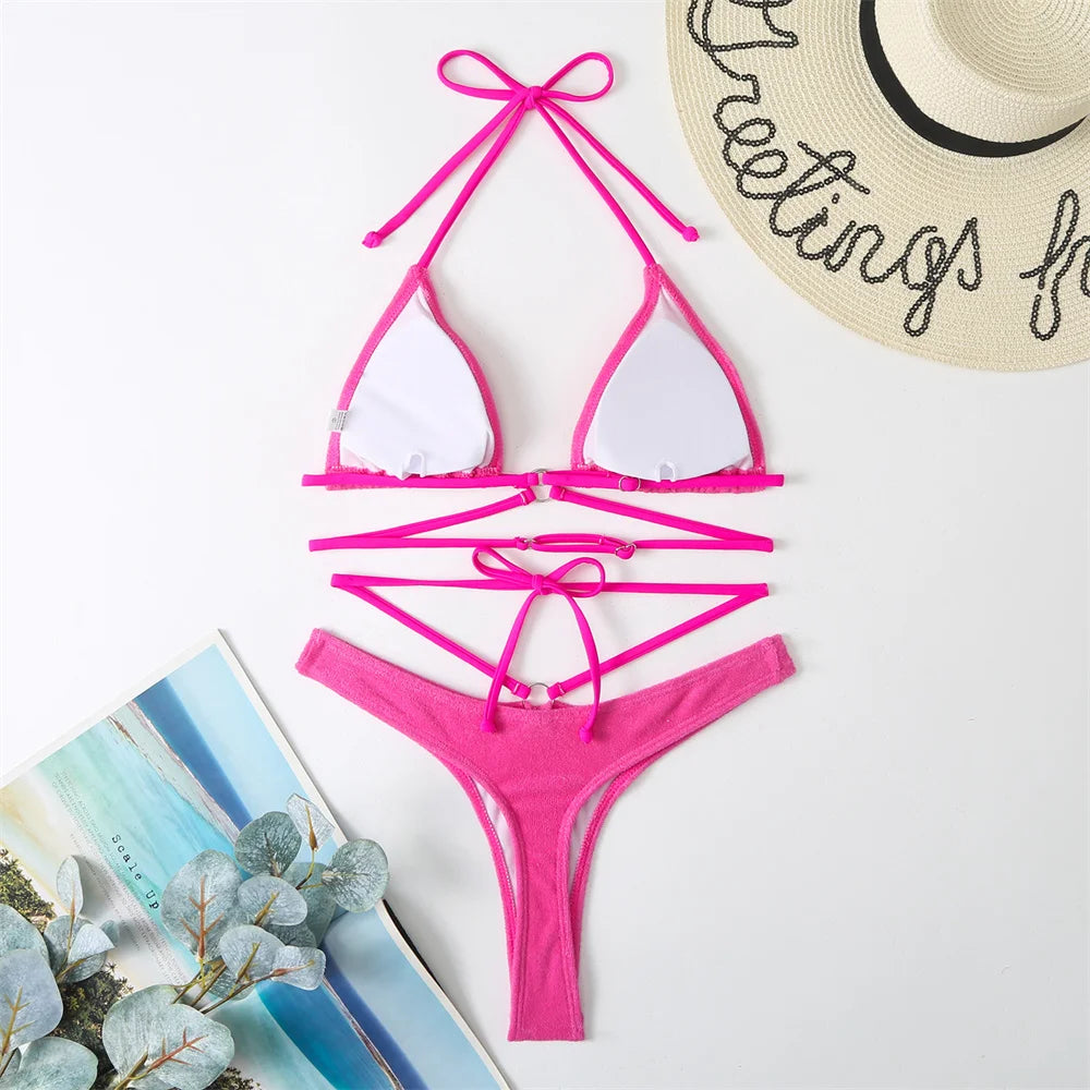 Micro String Extrem Bikini Orange Y2K Triangle Backless Swimsuit Toweling Rings Vacation Swimwear Women Push Up Beach Bath Suits - Sun Studio