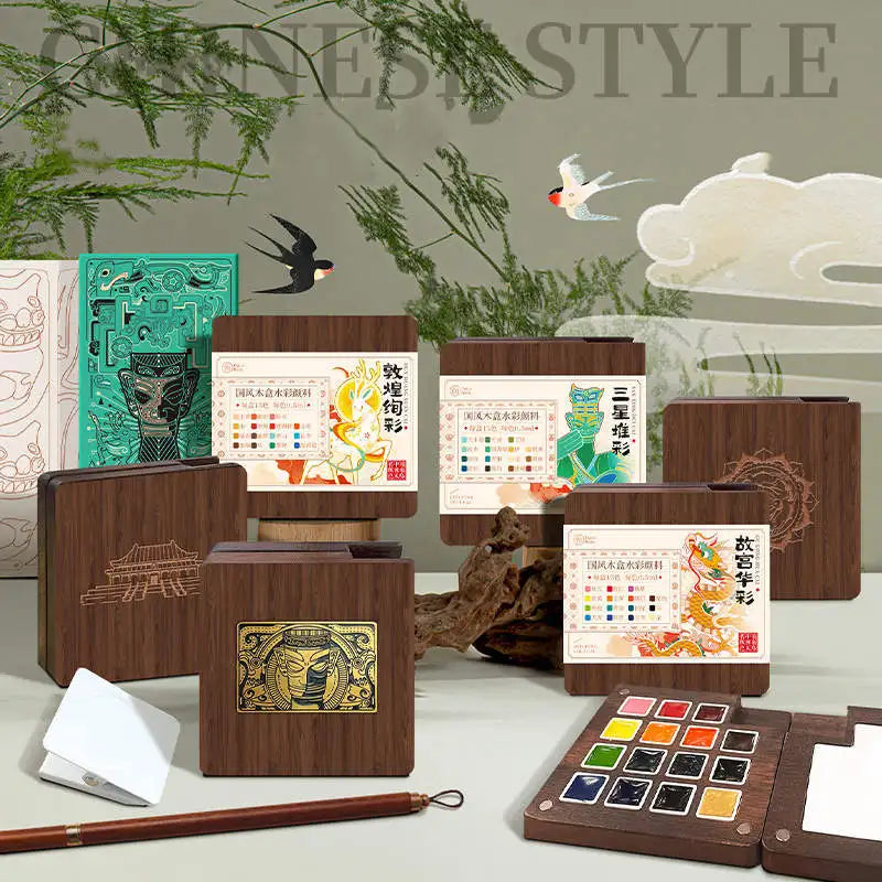 Portable Watercolor Set Walnut Paint Box With Palette 8/15 Colors Travel Mini Watercolor Paint Art School Supplies - Sun Studio
