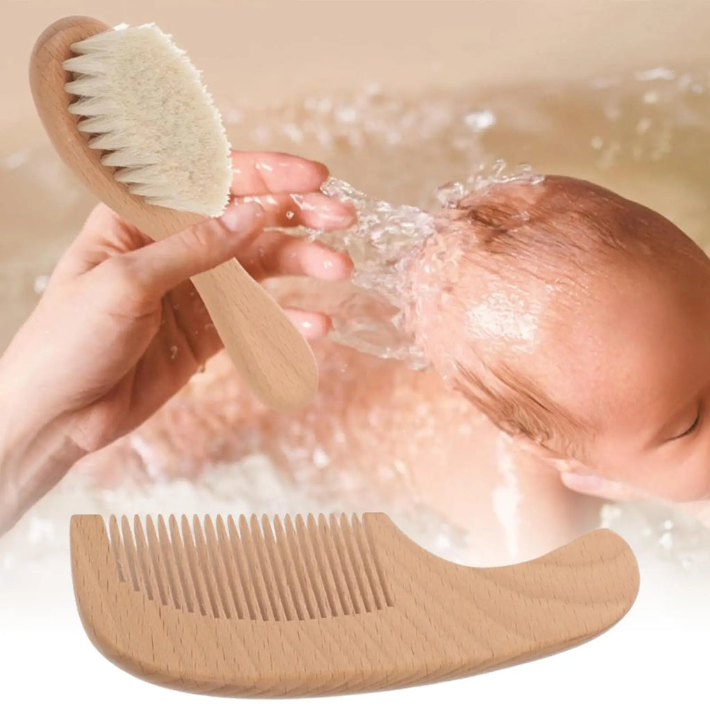 Kids Hair Brush Set Natural Soft Bristles Wooden Handle Baby Detangling Comb Styling Care Scalp Massage for Girls Home Daily - Sun Studio