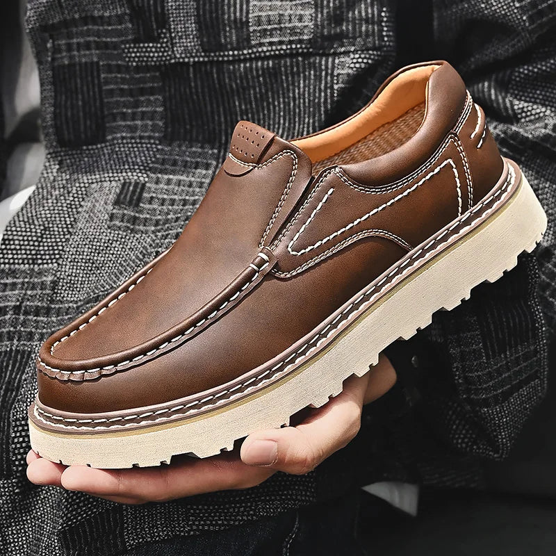 Trendy New Style Men's Genuine Leather Shoes Thick Soled Tooling Shoes Men's Oxford Shoes Lace Up Business Shoes Outdoor Loafers - Sun Studio