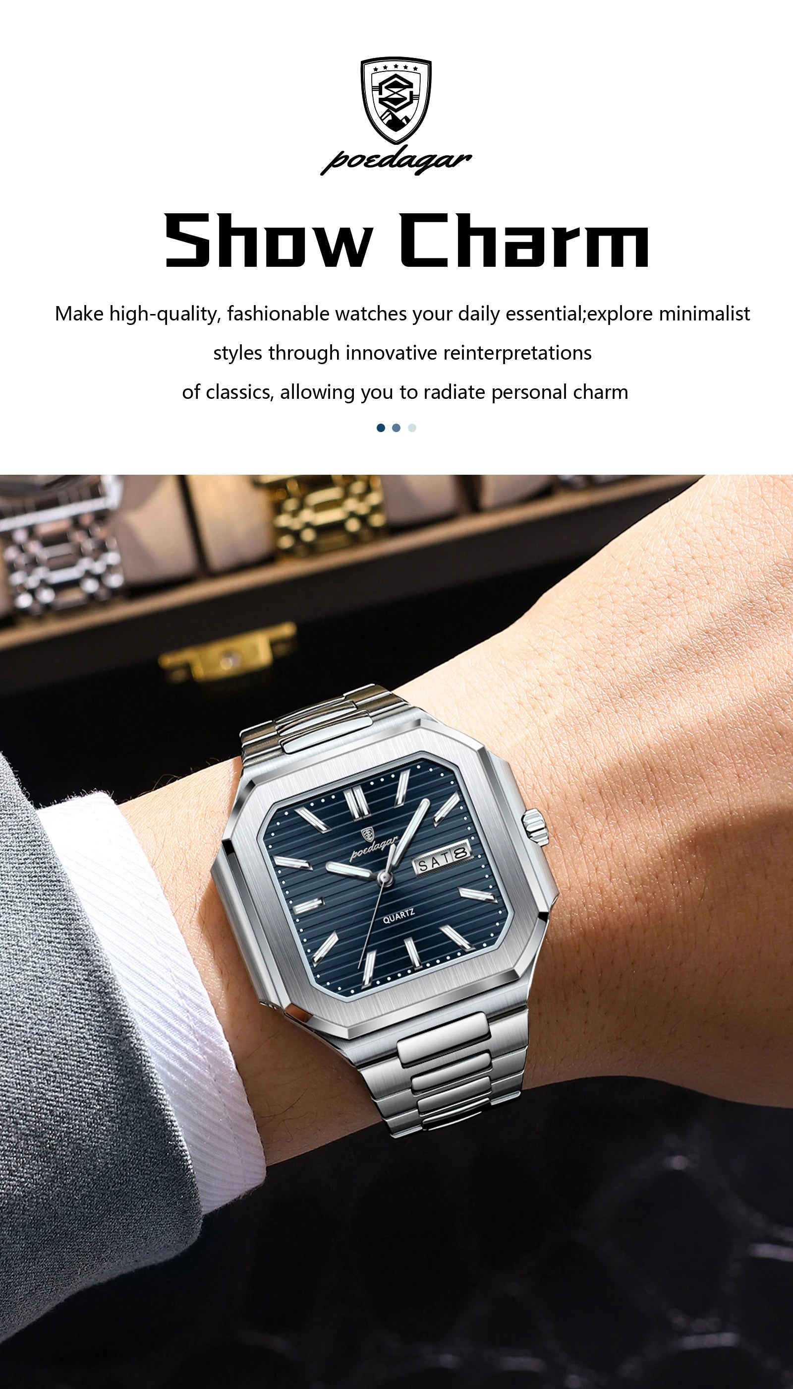 POEDAGAR Square Fashion Man Wristwatch Waterproof Luminous Date Week Quartz Men's Watches Stainless Steel Luxury Men Watch Reloj - Sun Studio