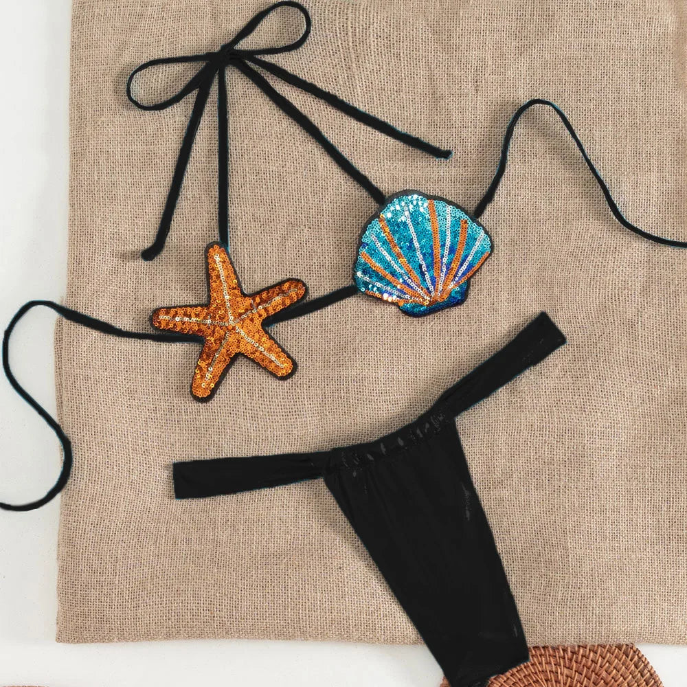 Shiny Sequin Shell Starfish Bikini Set Women Sexy Push Up Pleate Thong Swimsuit 2025 Brazilian Beach Bathing Suit Micro Swimwear - Sun Studio