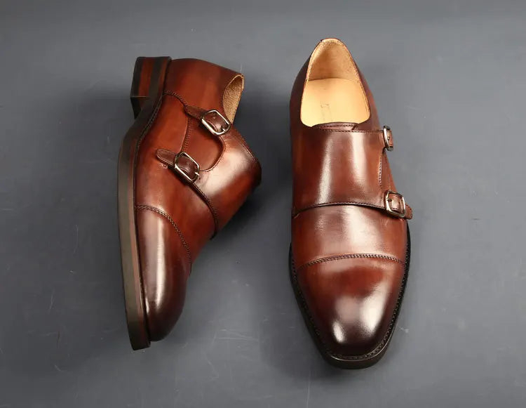 Brand Double Monk Strap Luxury Men Shoes Genuine Leather Handmade Fashion Designer Business Dress Shoes for Men Original - Sun Studio