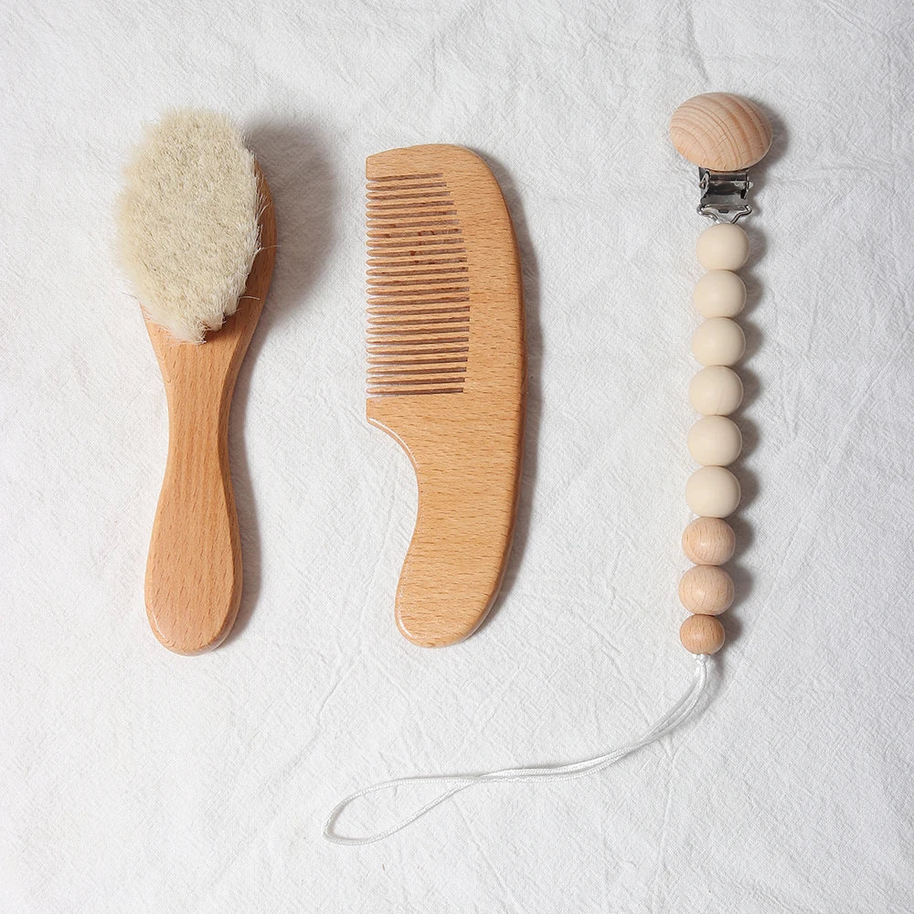baby comb brush set newborn gift set Natural Wool beech Wooden Comb baby bib pacifier clip  Kids  Baby Hair Brush - Sun Studio