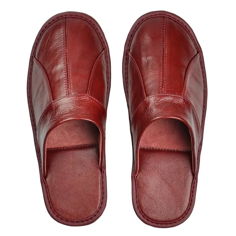 Men's Luxury Cow Split Leather Handmade Men Home Slippers Spring Slip on Soft Comfortable Black Brown Bedroom Indoor Flat Shoes - Sun Studio