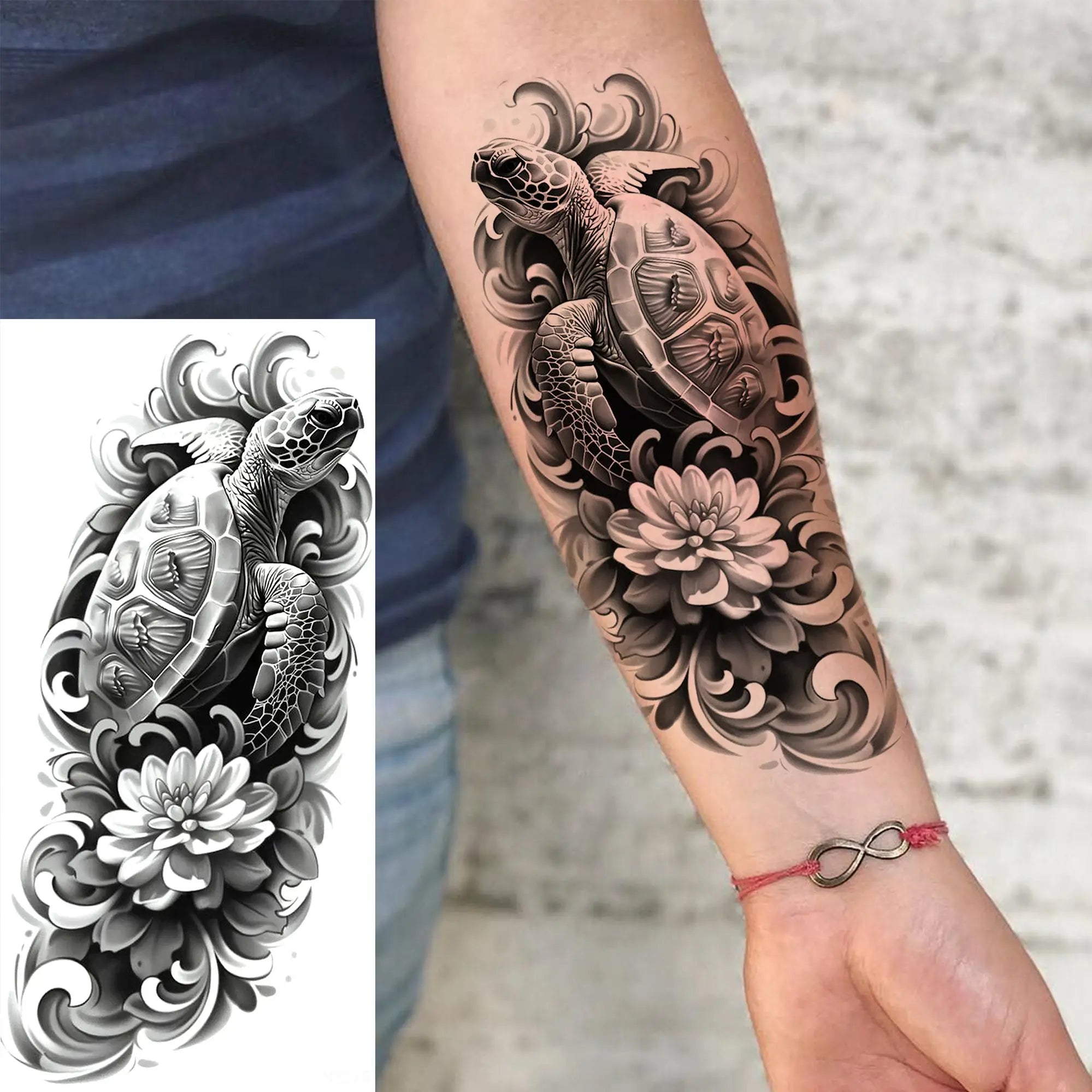 1 Blatt Schönes Schildkröte mit Blumen Temporäre Tattoos Elefant Löwe Tattoos Wasserdicht Realistische Tiere Fake Tattoos Aufkleber