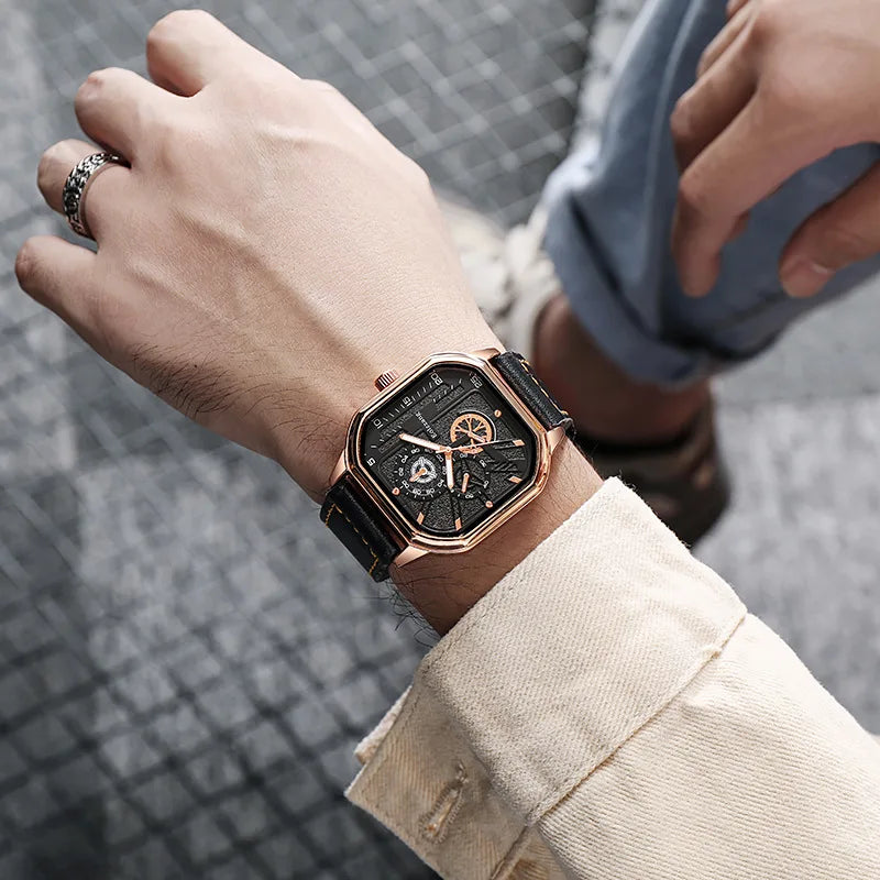 YIKAZE Alloy Men Quartz Watches Leather Strap Big Dial Student Square Sports Watch Cool Black Men's Watch Waterproof  Wristwatch - Sun Studio