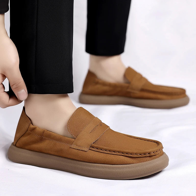 Fashion Genuine Leather Mens Shoes Business Casual Luxury Brand Soft Comfort Loafers Shoes High Quality Slip on Male Boat Shoes - Sun Studio
