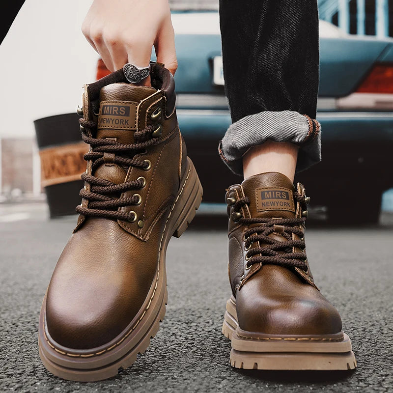 High Quality Leather Mens Boots New Arrival Male High Top Flats Comfortable Lace-Up Low Top Sneakers Stylish Male Ankle Boots - Sun Studio