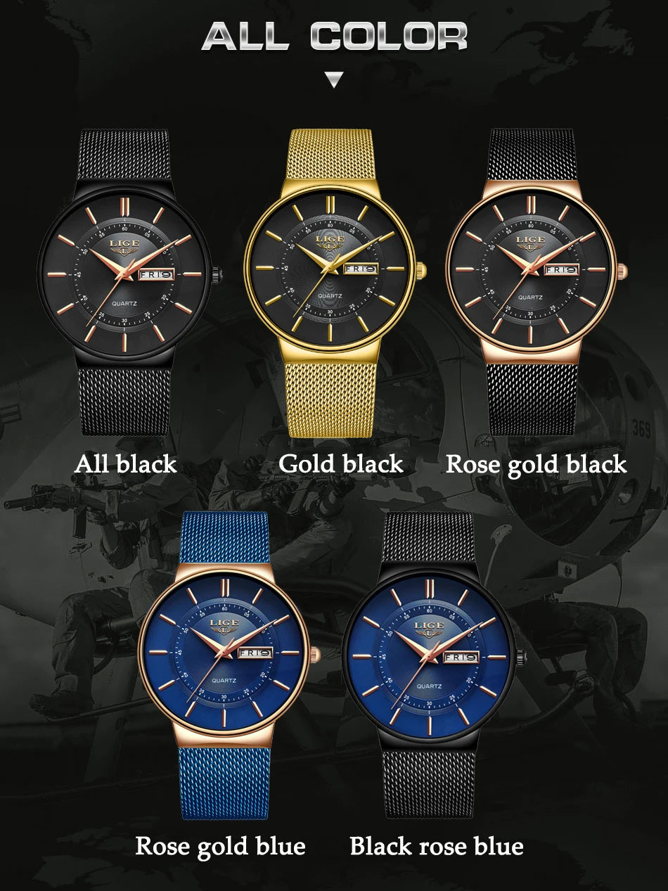 LIGE 2024 Luxury Men Watches Waterproof Ultra Thin Date Clock Male Steel Strap Casual Quartz Watch Men Sports Wrist Watch Man - Sun Studio