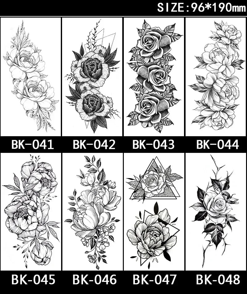 Rose Blossom Tattoo Temporary Waterproof Butterfly Fake Tattoo for Woman Black Flower Sketch Tattoo Sticker - Sun Studio