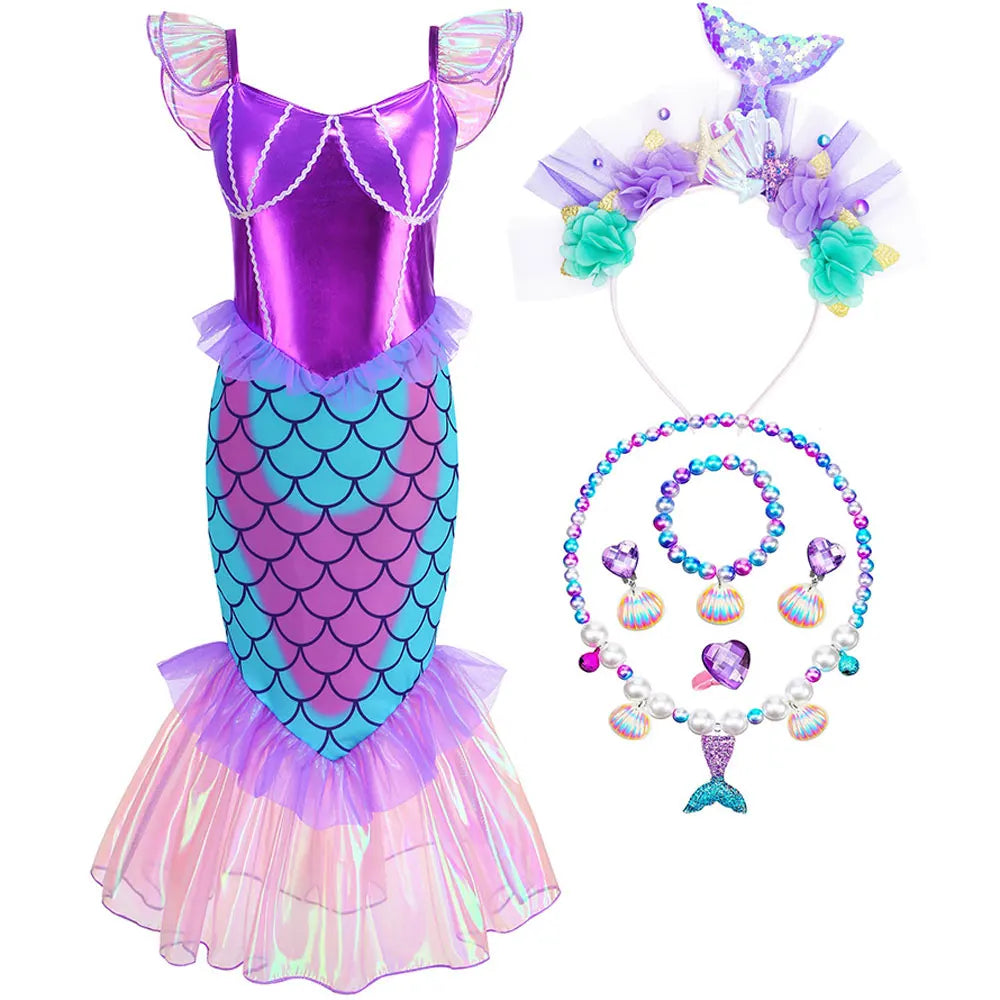 Disney Blue Red Purple Three Colors Mermaid Flying Sleeve Fishtail Beautiful Dress For Girl Summer Beach Party Cool Swimsuit Set - Sun Studio
