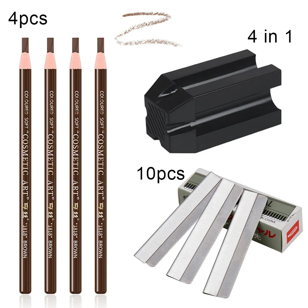 Eyebrow Pencil Microblading Supplies Set Waterproof Eyebrow Tattoo Tint Enhancers With Sharpener Brow 10Pcs Brow Trimmer Blade