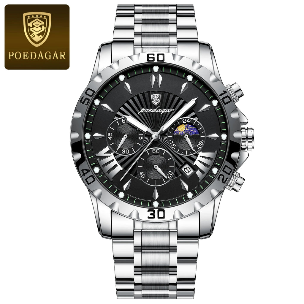 POEDAGAR Luxury Watch for Man Luminous Waterproof Chronograph Date Men Watch High Quality Stainless Steel Quartz Men's Watches - Sun Studio