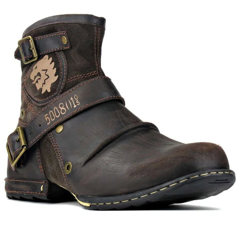 Men's Ankle Boots High Quality Cowboy Boots Men Metal Buckle Side Zipper Motorcycle Boots Gothic Boots Retro Western Boots - Sun Studio