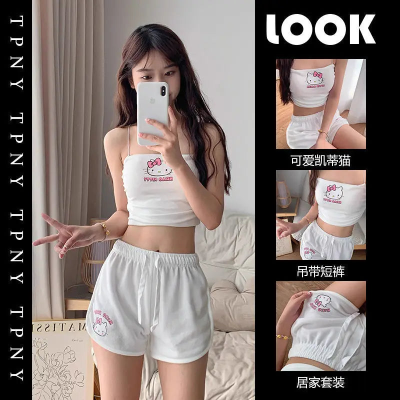 Kawaii Hello Kitty Cartoon Beach Swimsuit Sanrio Women Vest Shorts Suit Pajamas Homewear Casual Underwear Home Clothes Girl Gift - Sun Studio