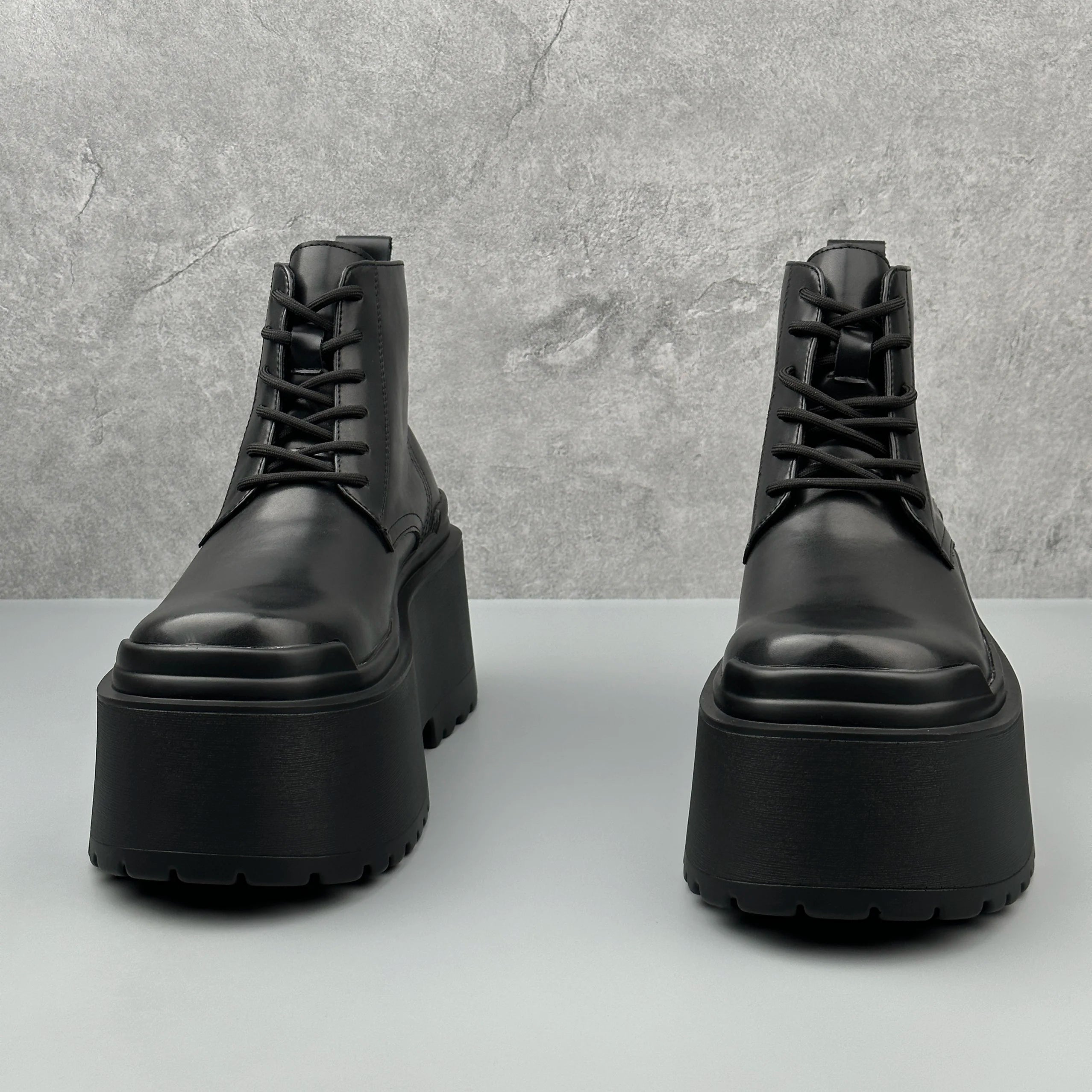 Men's Motorcycle Boots Platform Leather Luxury Height Increase 8cm Sneakers Lace Up Autumn Black Designer Shoes - Sun Studio