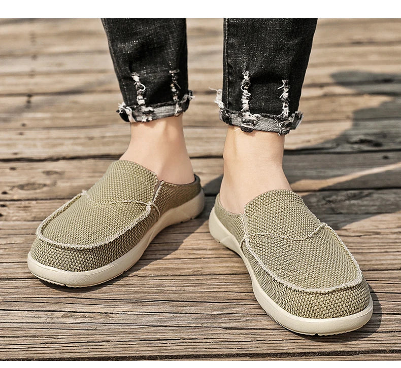 Casual Slip on Mens Shoes Outdoor Walking Comfortable Canvas Slippers Korean Trend Baotou Half Drag Slides Zapatillas Hombre - Sun Studio