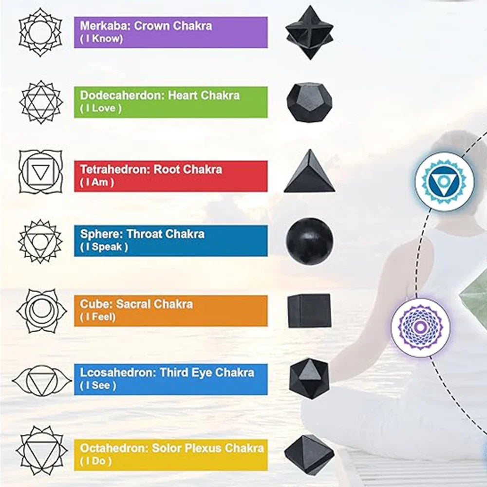 7 Chakra Platonic Sacred Stones Geometry Set Natural Reiki Healing Crystal for Meditation Therapy Balancing Spiritual Home Decor - Sun Studio