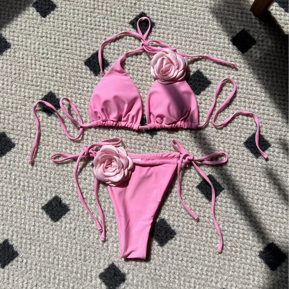 Sexy 3D Flower Black Triangle Bikinis Sets Micro Thong Swimsuit Women String Halter Bathing Suit Bikini 2025 Mujer Biquinis Swim - Sun Studio