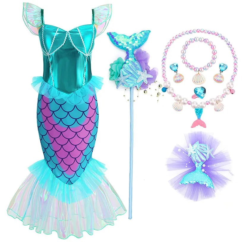 Disney Blue Red Purple Three Colors Mermaid Flying Sleeve Fishtail Beautiful Dress For Girl Summer Beach Party Cool Swimsuit Set - Sun Studio