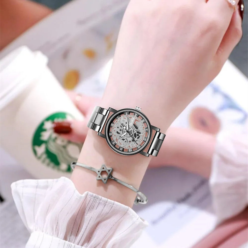 Free Shipping New Fashion Women Hollow Skeleton Faux Mechanical Watch Ladies Metal Mesh Quartz Watches For Gift Relogio Feminino - Sun Studio