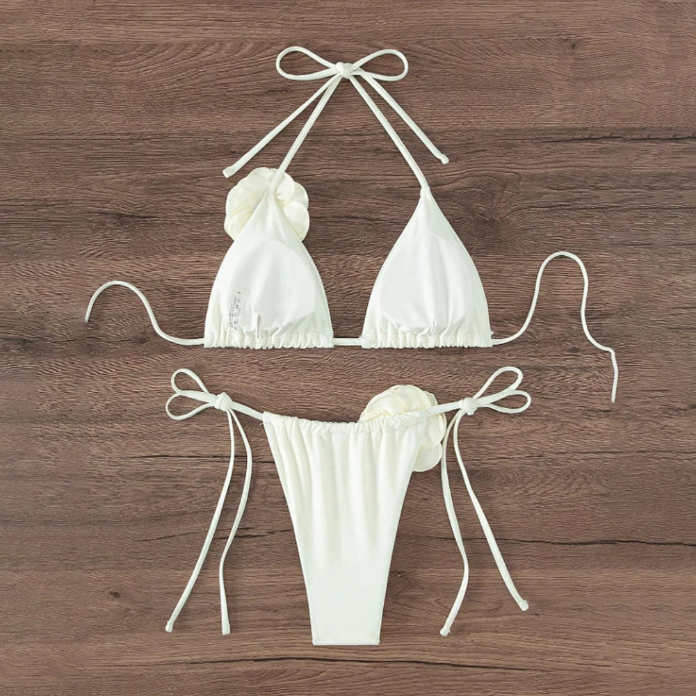 Sexy Bikini Swimsuit Suit 3D Flowers Halter Strappy Bikini Women Swimwear Female Swimsuit 2pcs Bikini Set Bather Bathing Suit - Sun Studio