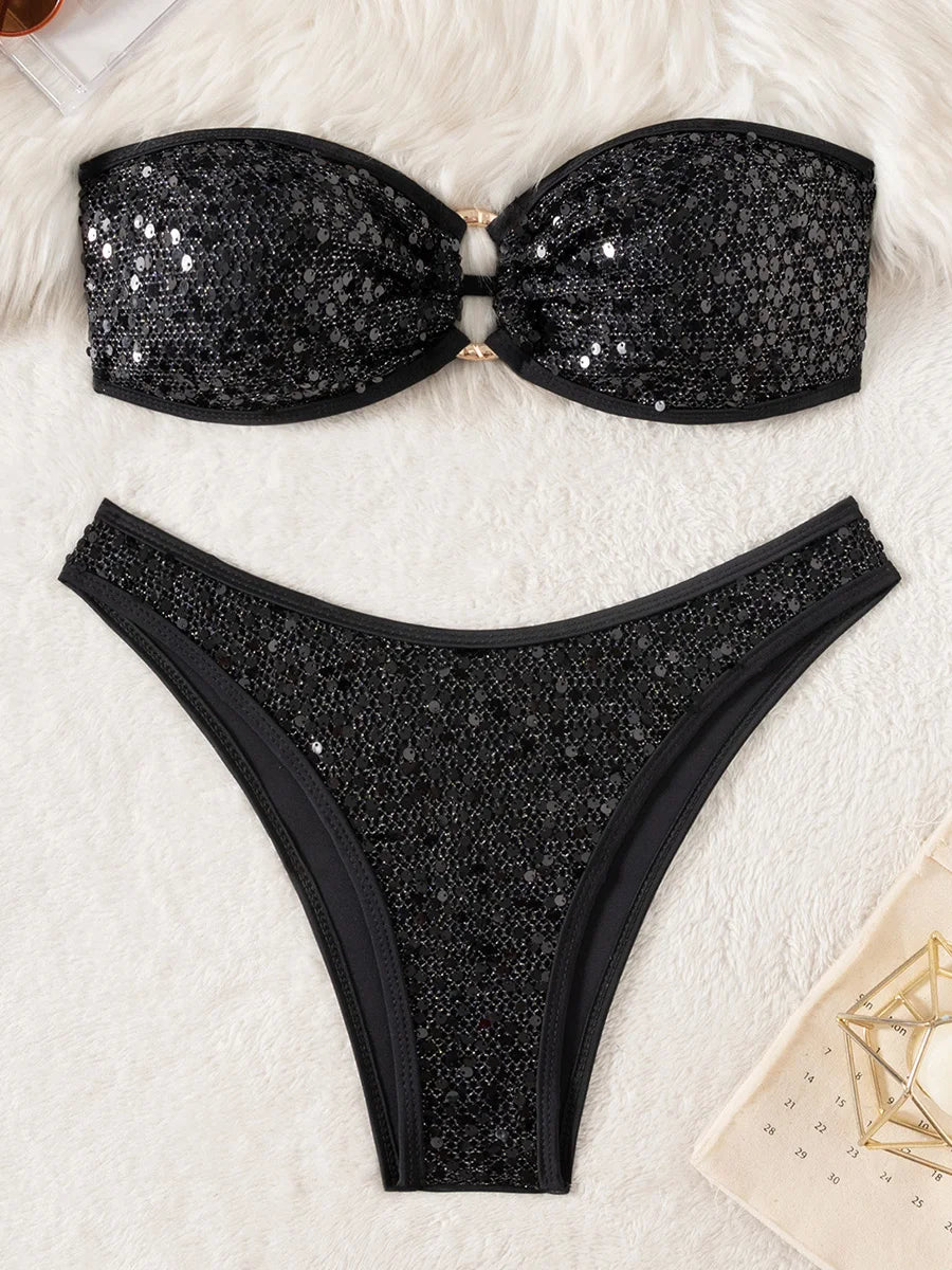 Sequins Shiny Mesh Bandeau Bikini Female Swimsuit Women Swimwear Two-pieces Bikini Set Brazilian Bather Bathing Suit Swim Lady - Sun Studio
