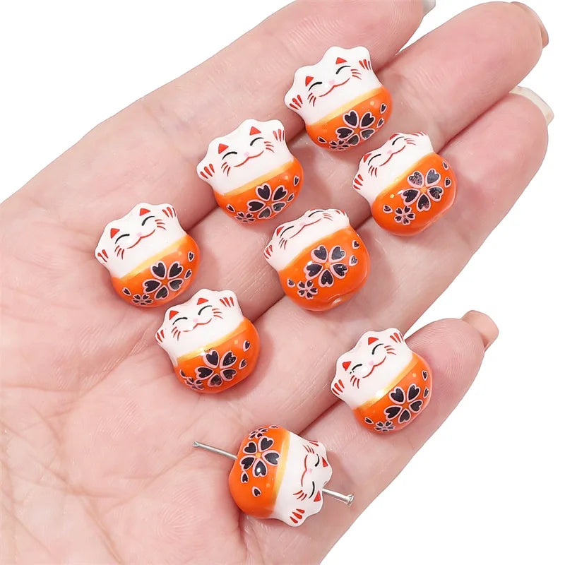 10Pcs 13X14MM Chinese Cute Animal Lucky Cat Vertical Hole Ceramic Beads For Home Decor DIY Accessories Hand-knitted Bracelet - Sun Studio