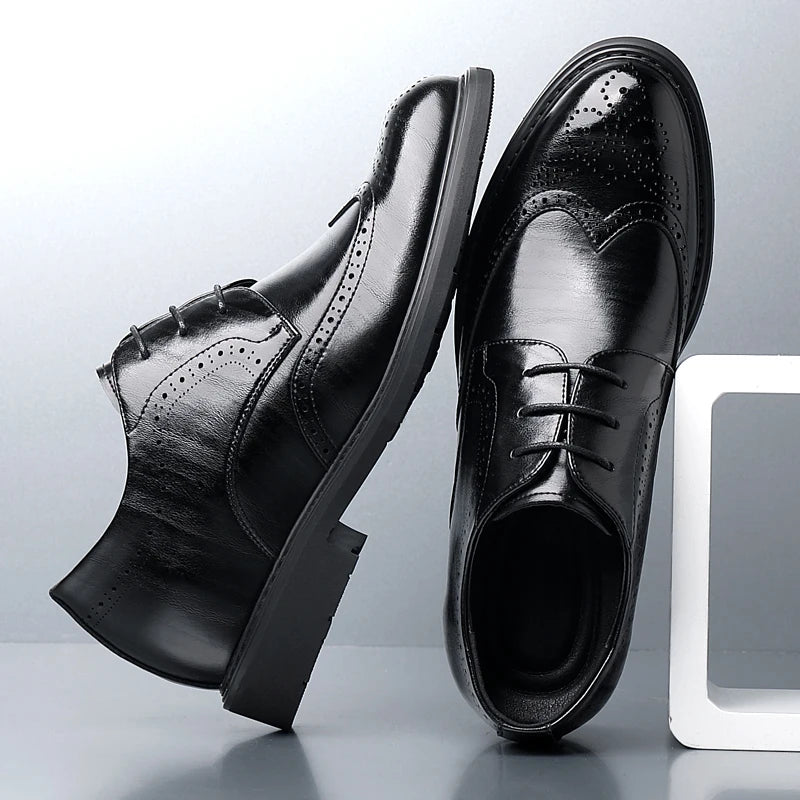 Men's Dress Brogues Elevator Shoes Platform Breathable Casual Business Luxury Genuine Leather Heightening Shoes 6 8CM Taller Man - Sun Studio