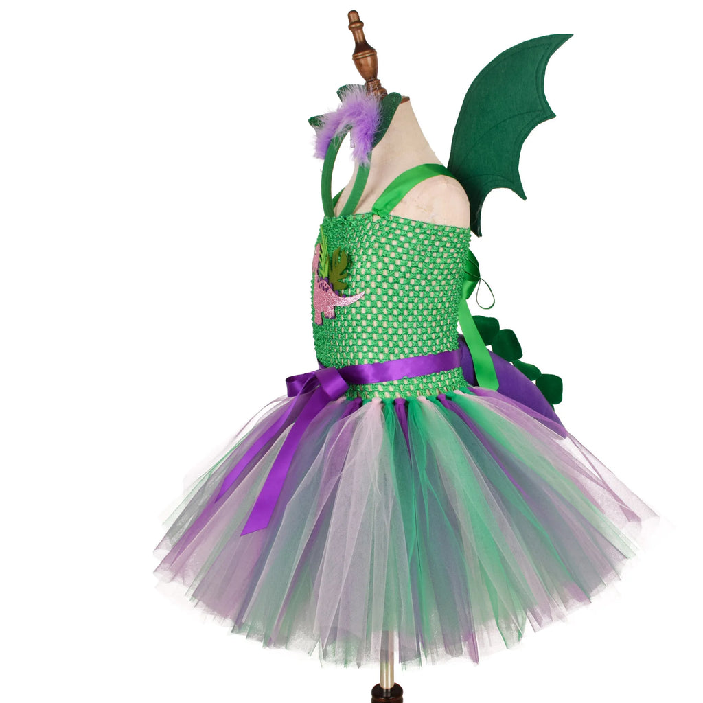 Green Kids Girls Dinosaur Cosplay Dresses Birthday Party Tutu Dresses for Baby Cartoon Princess Girls Costumes Set for Halloween - Sun Studio