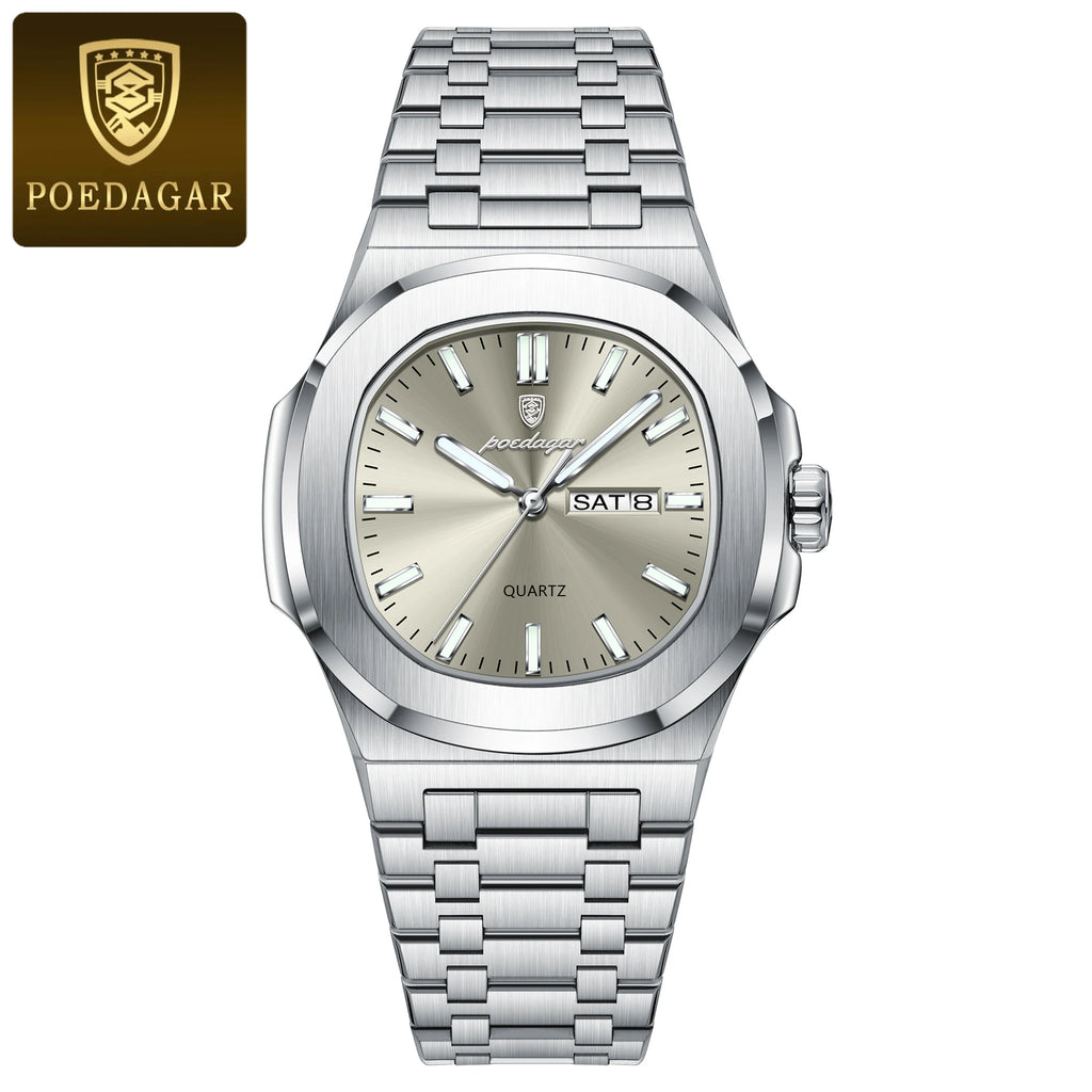 POEDAGAR Luxury Square Men's Watches Waterproof Luminous Date Week Men Watch Stainless Steel Fashion Quartz Man Wristwatch Reloj - Sun Studio