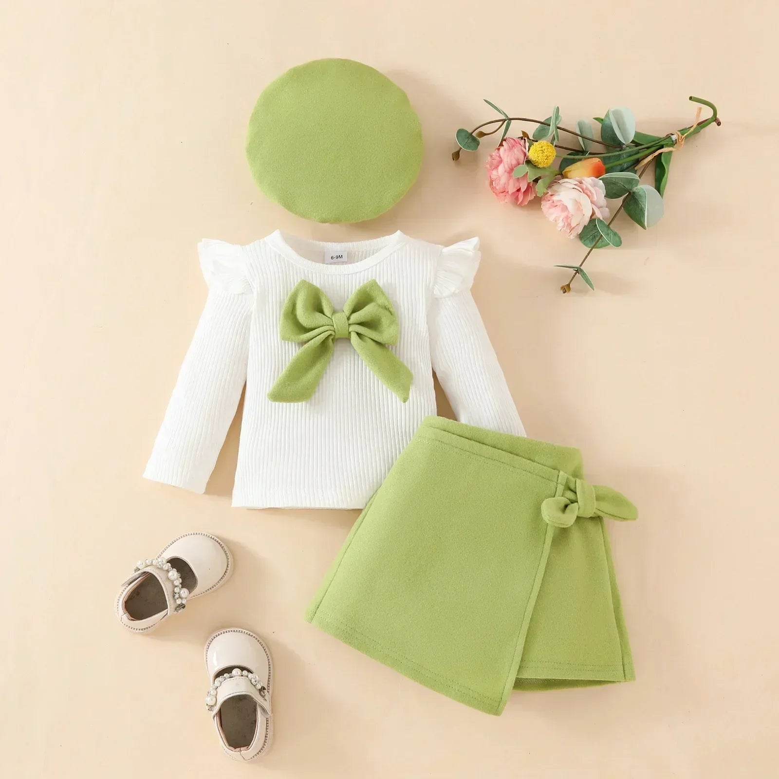 Baby Girls Clothes New Year Set 0-3Y Long Sleeve Big Bow Top Irregular Skirt and Beret 3Pcs Toddler Christmas Clothes - Sun Studio