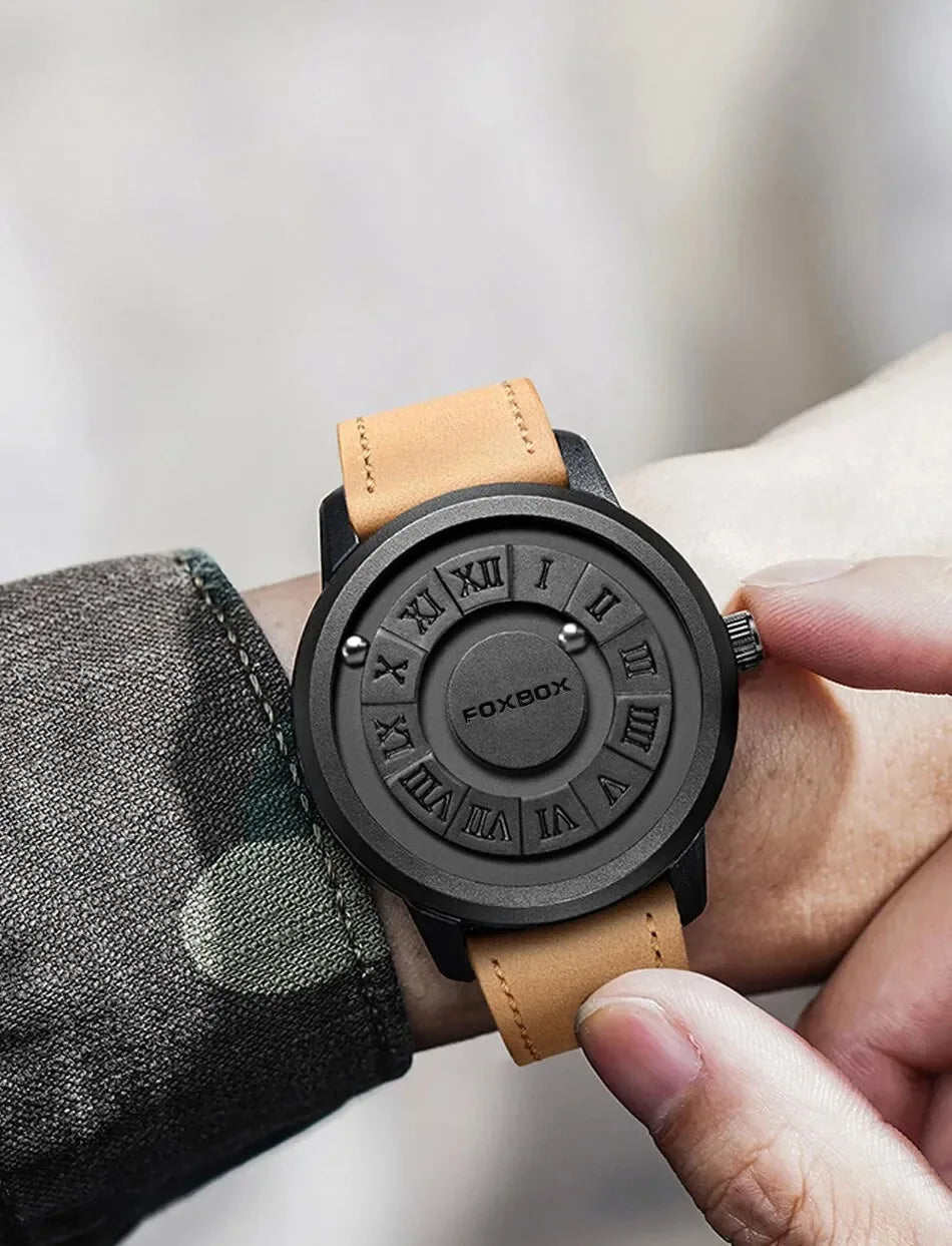 FOXBOX Men's Quartz Watch Fashion Personality Creative Scrolling Iron Ball Magnetic Pointer Waterproof for Male Watches Gift+Box - Sun Studio