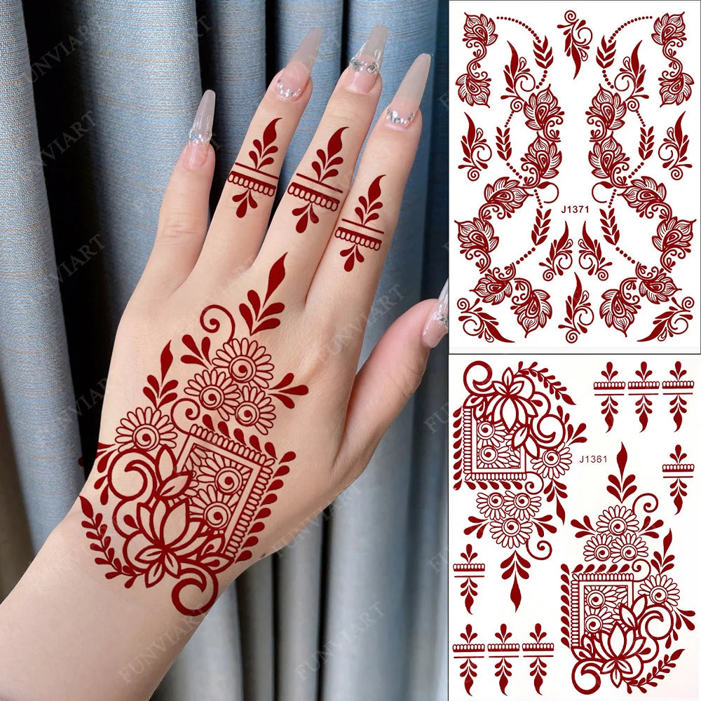 Brown Henna Tattoo Stickers for Hand Foot Waterproof Temporary Tattoos for Women Maroon Color Fake Tattoo for Wedding Body Art - Sun Studio