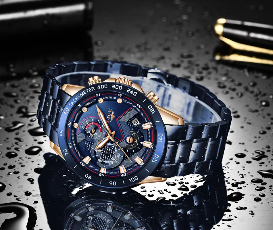 LIGE Business Men Watch Luxury Brand Stainless Steel Wrist Watch Chronograph Army Military Quartz Watches Relogio Masculino+BOX - Sun Studio