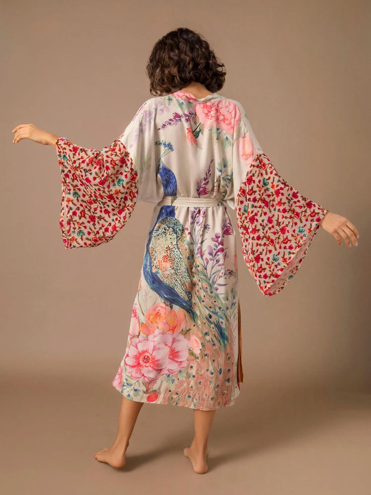 Beach Kimono for Women Peocock Printed Swimsuit Cover Up Self Belted Wrap Dresses Seaside Bathing Suits Beachwear - Sun Studio
