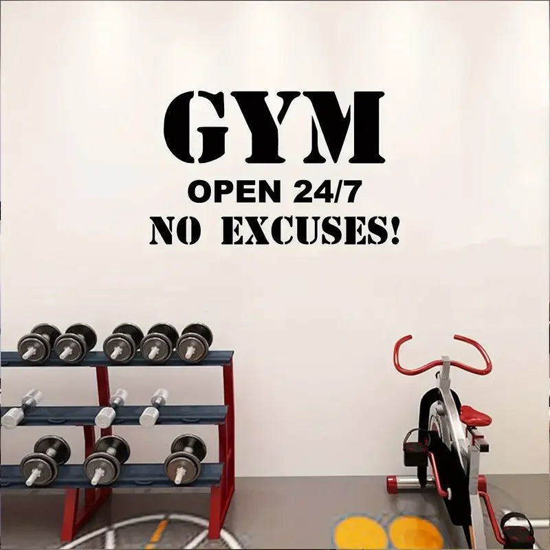 1pc Gym Wall Sticker, Gym Open 24/7 No Excuses, Vinyl Removable Stickers, Gym Wall Decor Decals, 22.04"x14.17" - Sun Studio