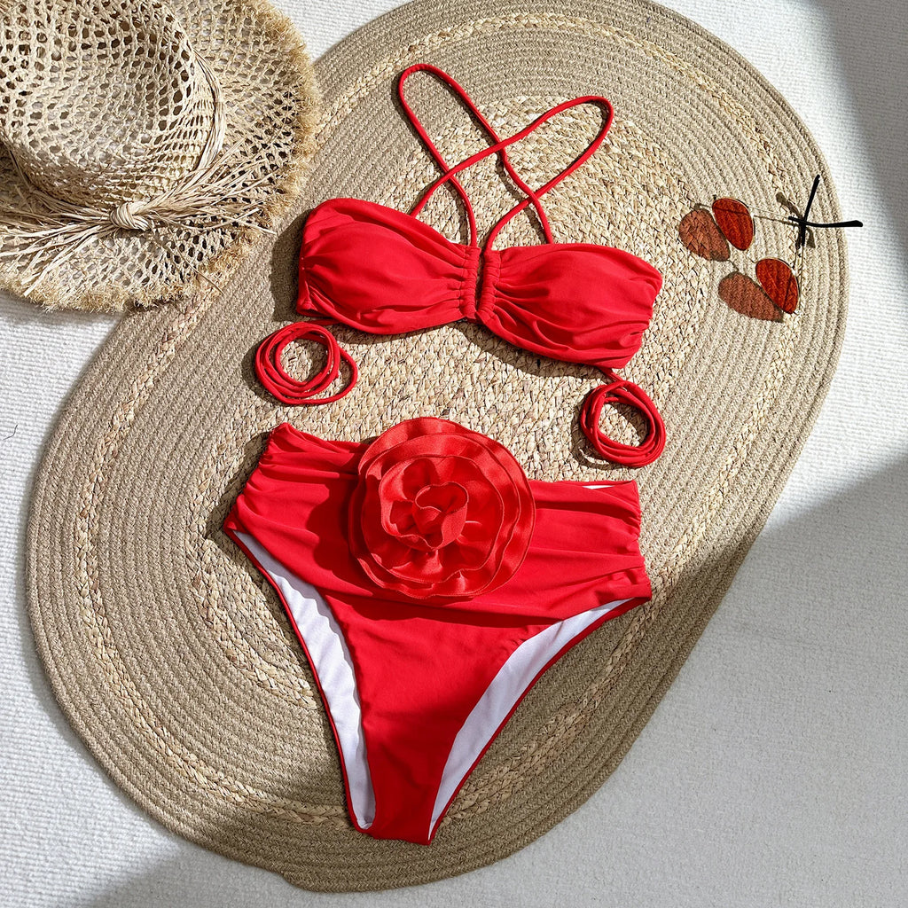 Sexy Bikini Set 2 Piece Swimwear Women High Waist 3D Flower Swimsuit 2026 New Halter Bandeau Bandage Banthing Suit Red White - Sun Studio