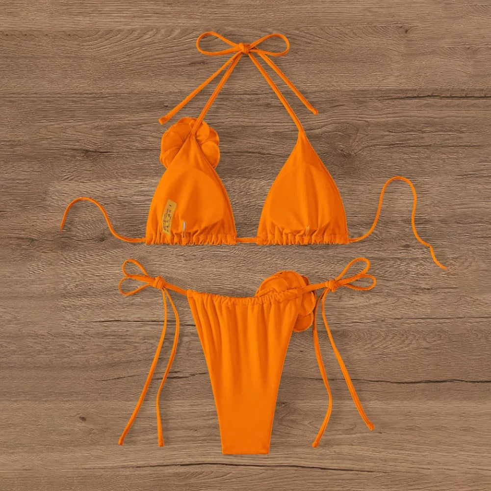 Sexy Bikini Swimsuit Suit 3D Flowers Halter Strappy Bikini Women Swimwear Female Swimsuit 2pcs Bikini Set Bather Bathing Suit - Sun Studio
