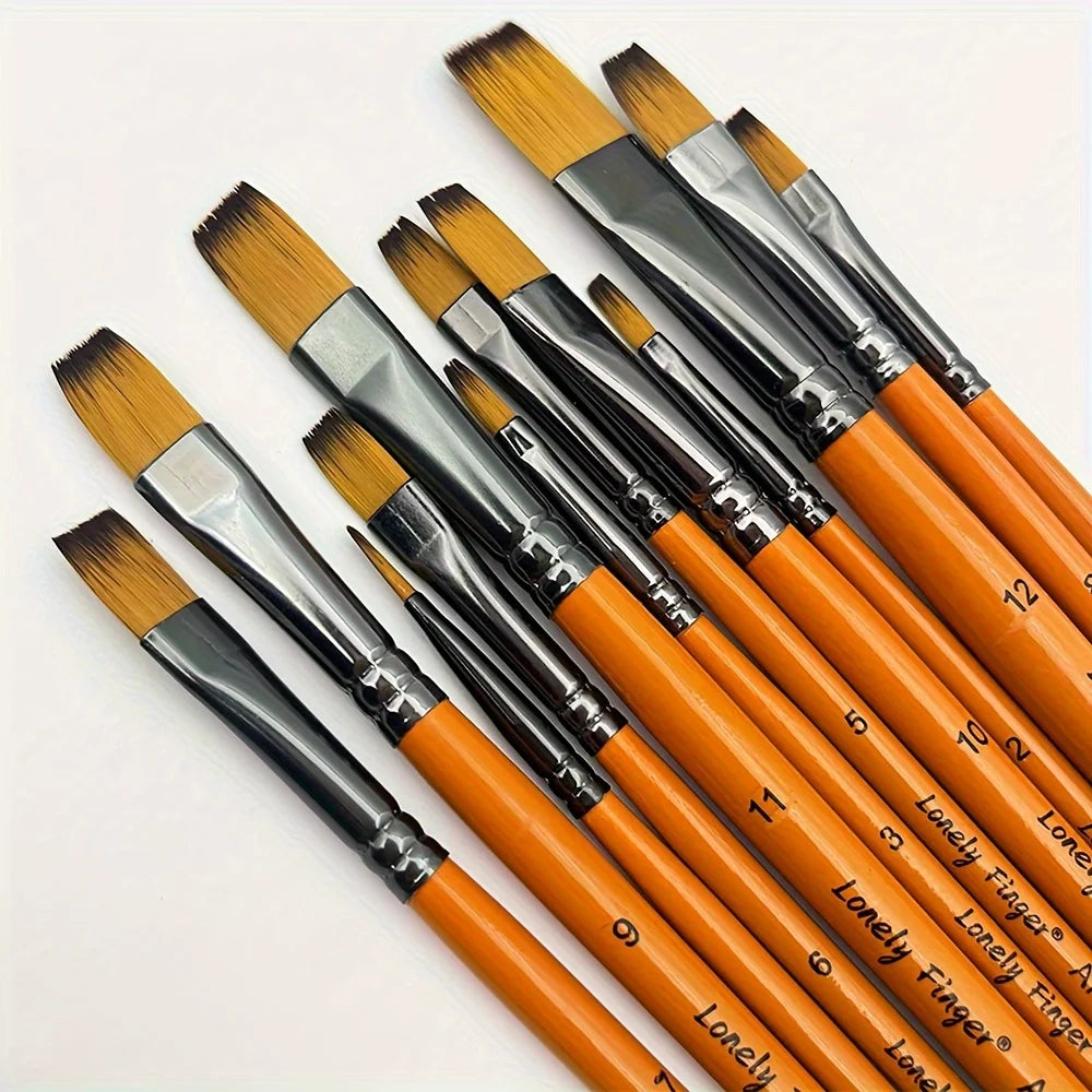 12pcs Premium Angular Paint Brushes - High-Quality Nylon Hair Angled Watercolor Brushes for Acrylics, Watercolors, Gouache - Sun Studio