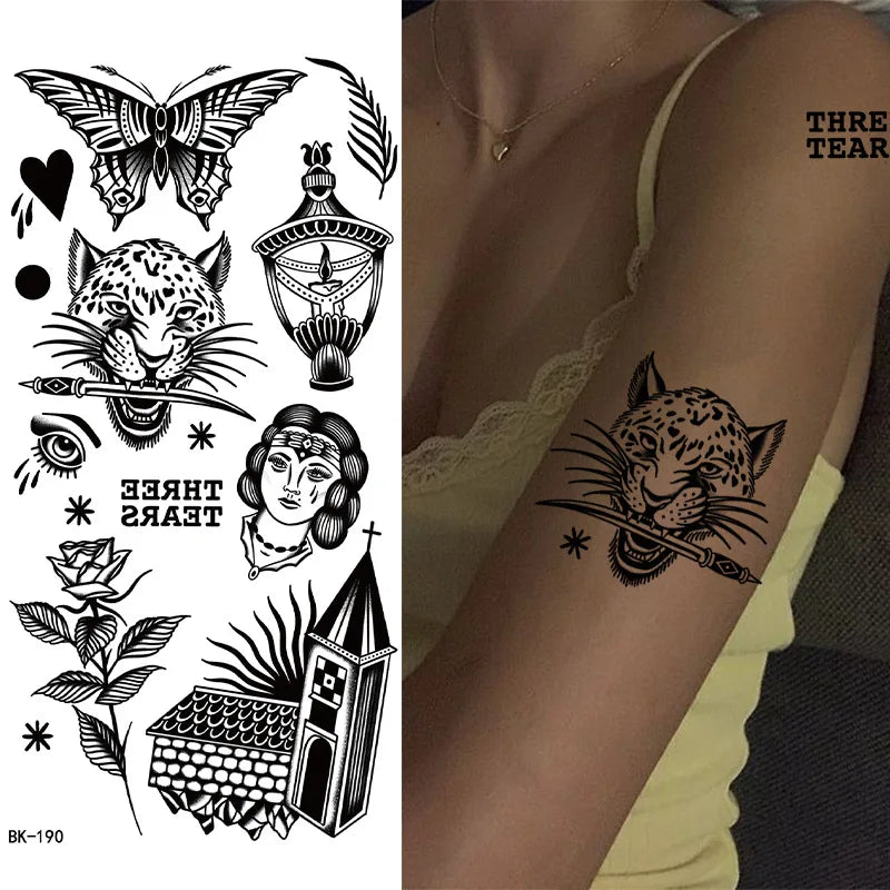 Black White Temporary Transfer Tattoos Floral Butterfly Lettering Line Art Waterproof Body Stickers for Music Festival Party
