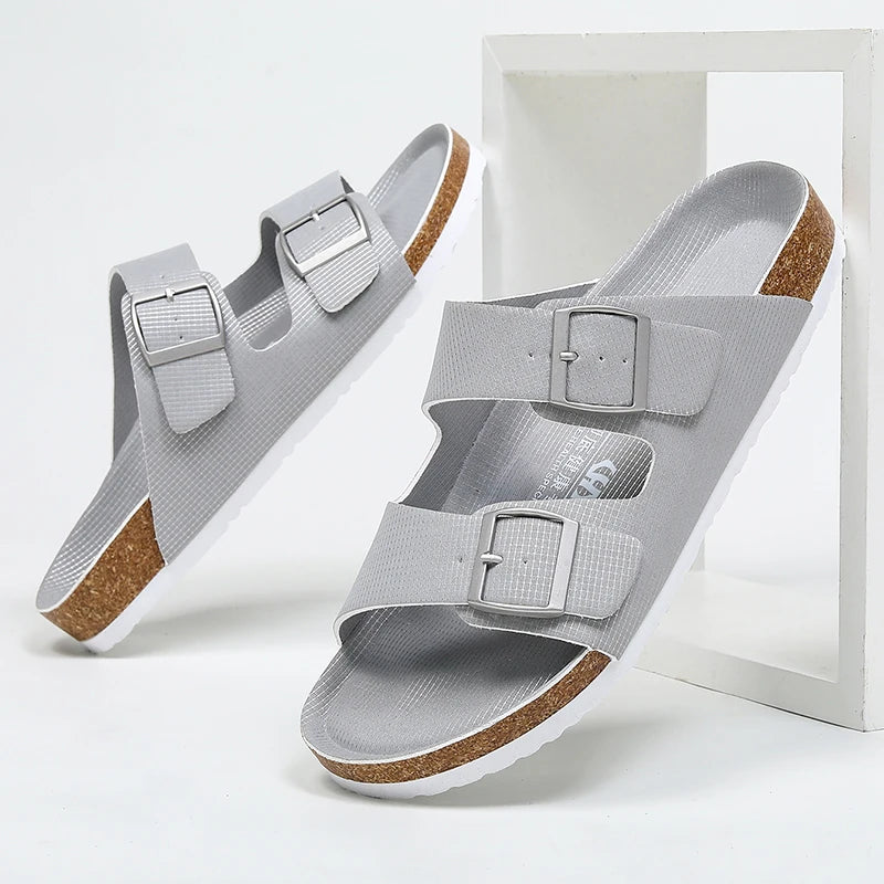 Summer Men Cork Slippers Slides Clogs Casual Slip On Sandals Double Buckle Women Microfiber Leather Unisex Big Size 47 48 49 - Sun Studio