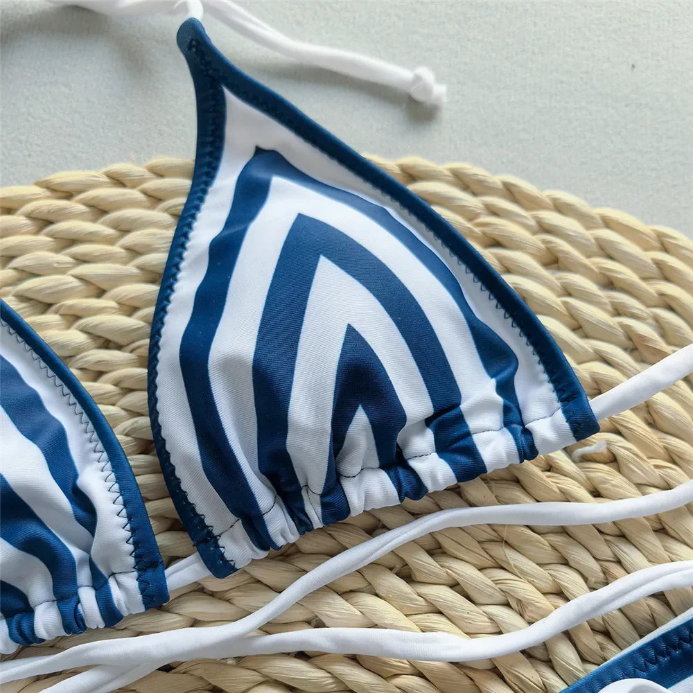 Blue Striped Print String Halter Micro Bikini Thong Sexy Swimsuit Cover Ups Women Holiday Swimwear Beach Wear Bikinis Sets 2026 - Sun Studio
