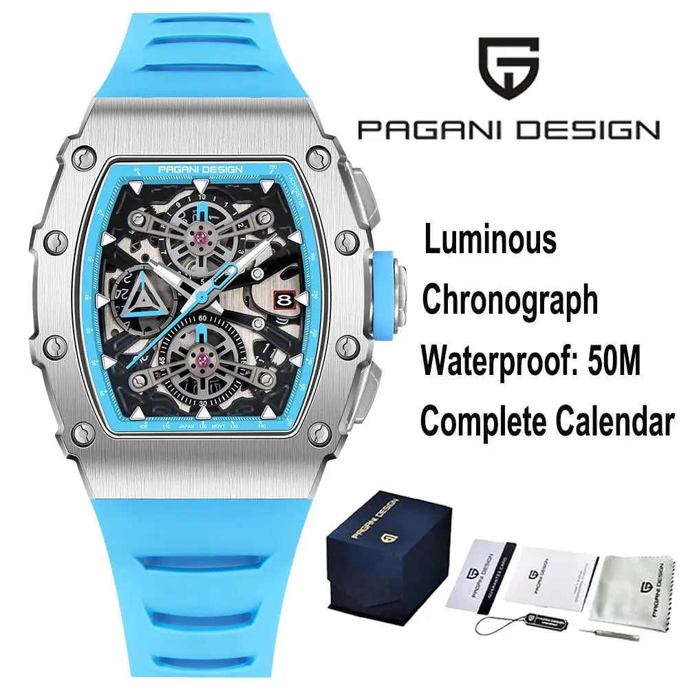 PAGANI DESING Men's Quartz Watches Skeleton Dial 100M Waterproof Sport Rectangle Sapphire glass Watch for Men - Sun Studio