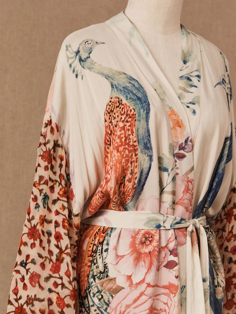 Beach Kimono for Women Peocock Printed Swimsuit Cover Up Self Belted Wrap Dresses Seaside Bathing Suits Beachwear - Sun Studio